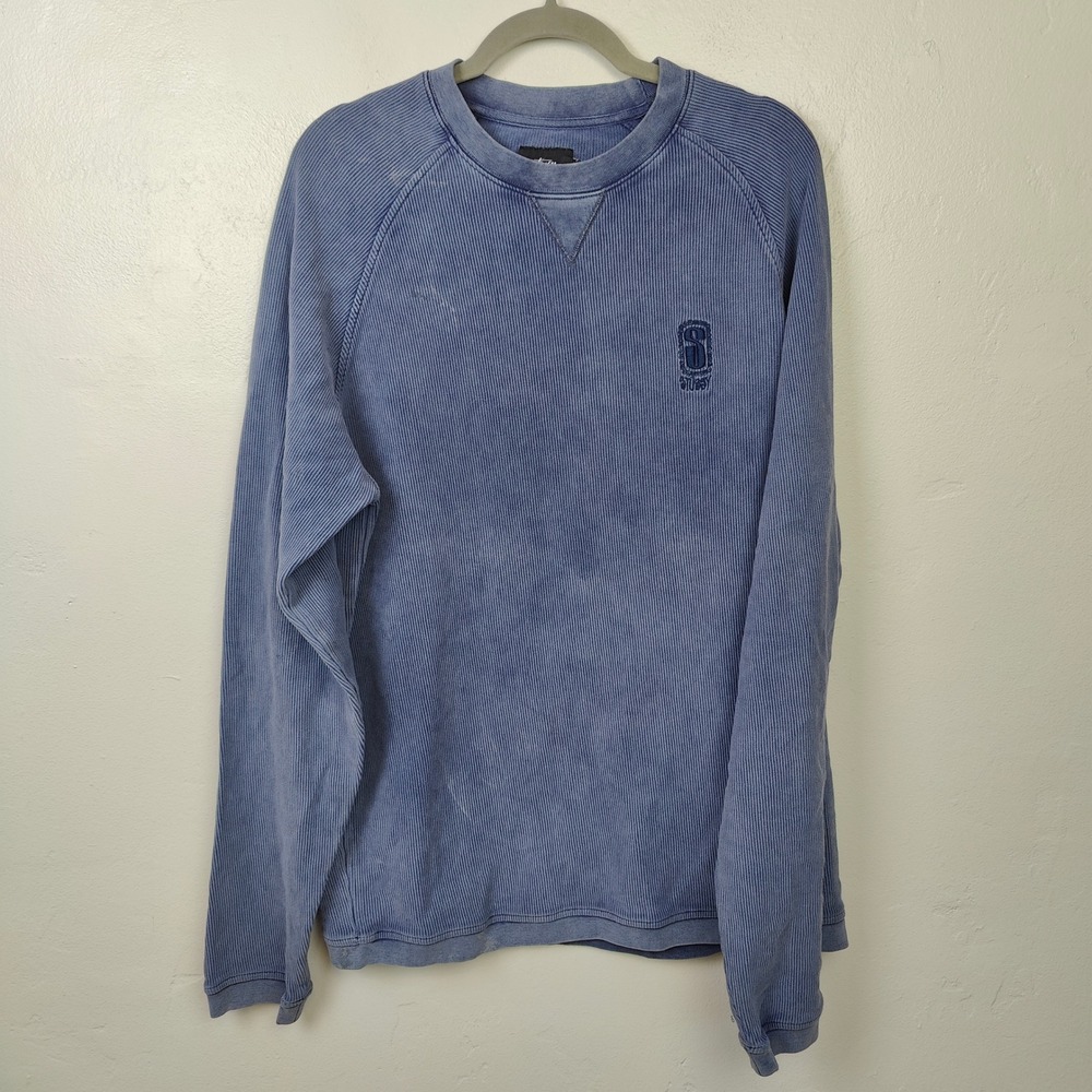 Stussy Mens Thermal Shirt XL Blue Ribbed Raglan Long Sleeve Streetwear Gorpcore
